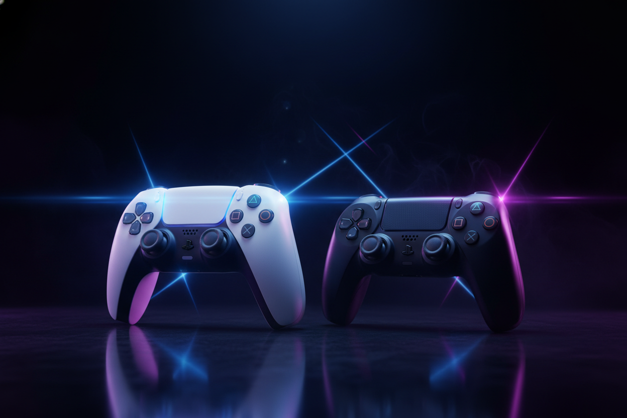 2 mandos de ps5 y ps4 con un fondo negro, degradado y luces